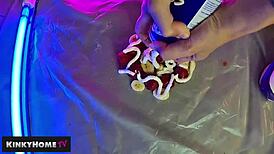 amateurs crush food on feet with sneakers in dirty european fetish play