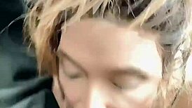 Tranny performs deepthroat sucking on boyfriend's cock in outdoor truck