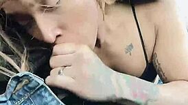 Tranny performs deepthroat sucking on boyfriend's cock in outdoor truck