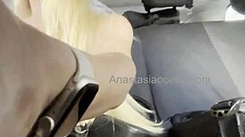 Horny woman groping herself in public city taxi for wild thrills