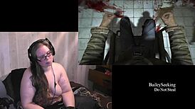 Naked brunette BBW plays Outlast with piercing and tattoos, wanna watch?