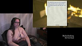 Naked brunette BBW plays Outlast with piercing and tattoos, wanna watch?