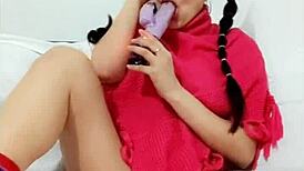 hot teen latina deepthroats dildo and gets cumshot