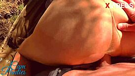 The teacher tears her pantyhose and receives a cumshot on them outdoors.