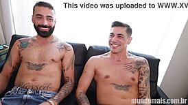 Gay couple with big cocks debuts in porn, exploring monster cocks in their first scene together.