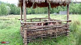 skinny brunette takes hard assfucking on farm