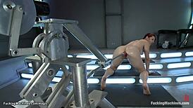 Busty solo redhead gets her pussy machine fucked with dildo and vibrator to orgasm.