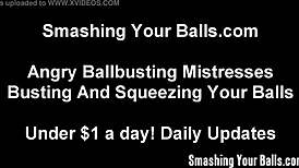 Brunette Femdom Punishes Submissive with Ball Kicking and Humiliation