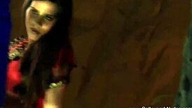 Teasing nude brunette dances erotically in oriental setting