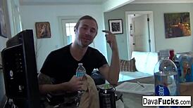 brunette dava fucks chad alva on white couch, sucking tits and ass before cumshot