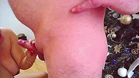 A couple enjoys close-up blowjob with big tits