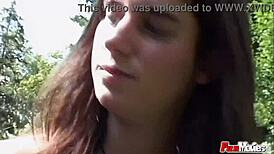 BBW bitch's blowjob in outdoor threesome