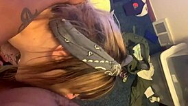 Instagram model bent over in garage, choking on rough blowjob for celebration.