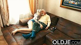 Horny nympho takes cock in mouth while fat man pounds her sweet pussy hard.