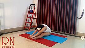 Regina Noir Practices Nude Yoga in White Panties at the Gym with Full Camera View