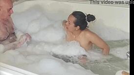 Bubbly blowjob turns into a close-up tit show