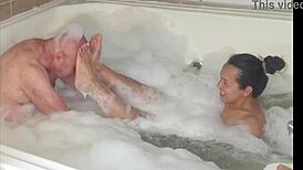 Bubbly blowjob turns into a close-up tit show