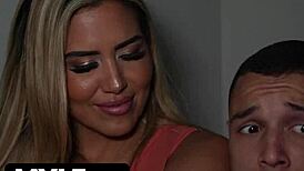 Beautiful Blonde Stepmom Teases Stepson's Big Hard Cock in Shorts During Scary Movie Night