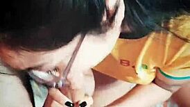 The Argentinian babe receives a warm cum facial after intense blowjob