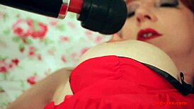 red xxx teases herself alone with a hitachi vibrator, building to orgasm.