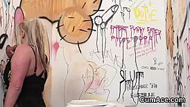 Slutty centerfold swallows jizz in extreme blowbang facial