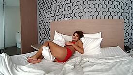 Cute brunette teases in heels during early morning bedroom play