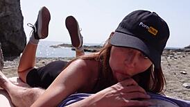 Sexy brunette sucked on beach and car