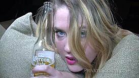 beautiful blonde masturbates on sofa during casting