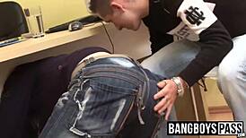 three horny maintenance men get fucked by an automated dildo in a wild group session