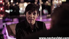 Soraya squirts torrential cascades and nacho slurps puddles from stage floor then porks her pussy and creams pierced tongue