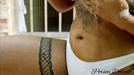 my neighbor bathing in the backyard made a topless lass i couldn't resist when she threw her bikini top on me