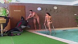 Celia Jones, that dreamy German body, bent over for doggystyle blowjob and facial cumshot