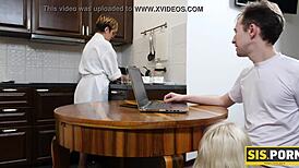 wow, pretty babe nailed hard by stepbro in wild poses behind stepmom's back!