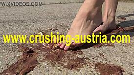 amber plays with feet and food outdoors