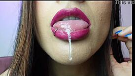 Latina Brunette's Mouth Milking with Tongue and Spit