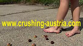 amber plays with feet and food outdoors