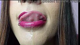 Latina Brunette's Mouth Milking with Tongue and Spit