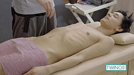 Horny masseur Lucas fingers himself before taking Logan's massive cock in his tight asshole