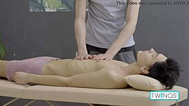 Horny masseur Lucas fingers himself before taking Logan's massive cock in his tight asshole