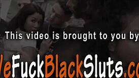 This chubby ebony babe sucks a big white cock hard.