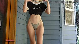 Destinationkat teases in outdoor thong and skirt while trying panties