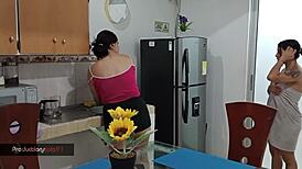 my boyfriend's stepmom fucks me hard at home, bent over in doggystyle