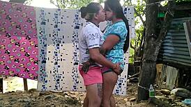 horny lesbian tricks her girlfriend with best friend, they start licking pussies on the balcony.