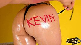 Kevin's custom oiled ass cowgirl fuck intensely.