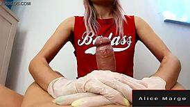 Amateur handjob in gloves big dick