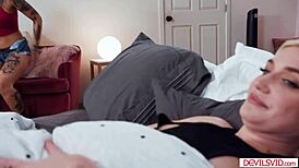 Ebony Lesbian Licks Busty Roommate's Pussy Hard