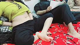 teen sneaks a quick solo session beside unaware dad