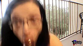 Excited busty delivery girl rides bbc on couch and balcony