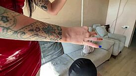 Dominatrix Nika Spills Condom Full of Sperm on Slave's Head