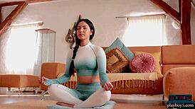 Watch petite Asian Chloe Rose do yoga and strip naked for Playboy.